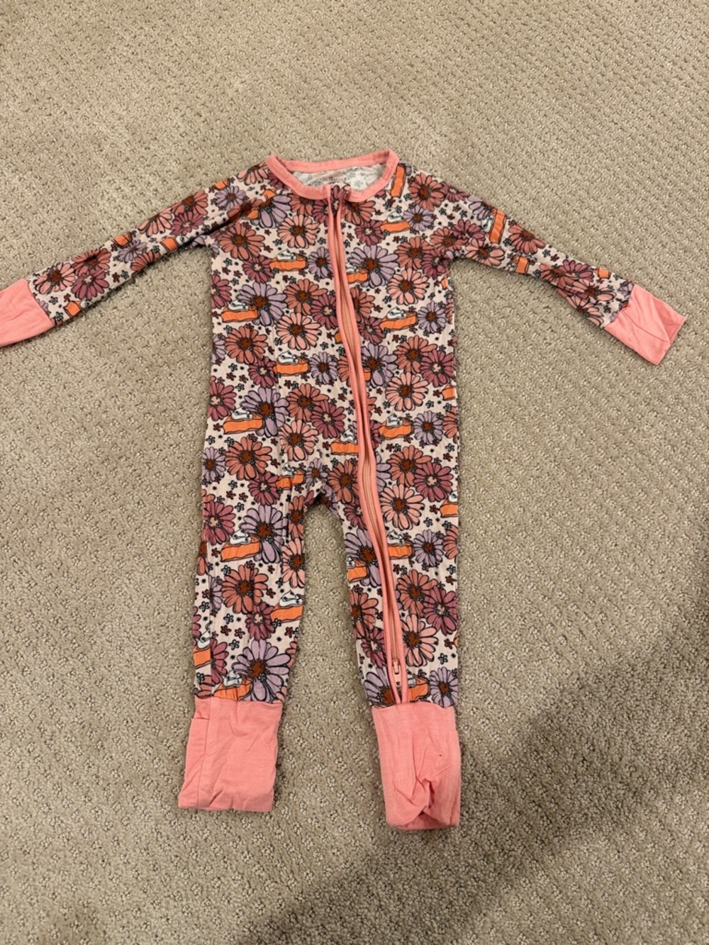Girls' Pink Floral Pumpkin Pie  Zip-Front Footed One-Piece